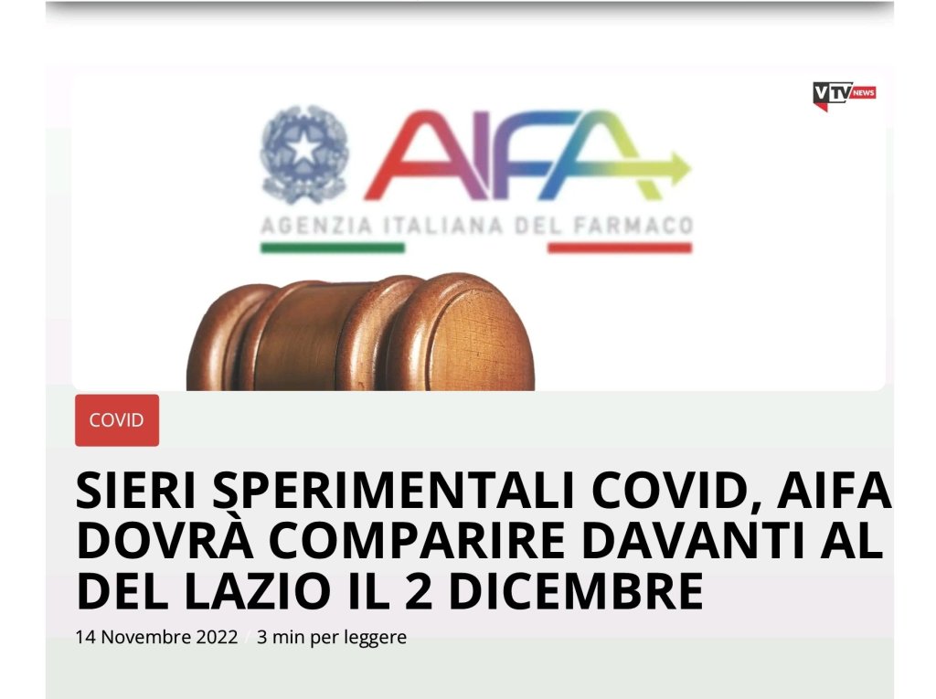 🛑SIERI SPERIMENTALI COVID, AIFA DOVRÀ COMPARIRE DAVANTI AL TAR DEL LAZIO IL 2&nbsp;DICEMBRE🛑