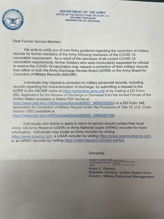 ⛔L’esercito americano invia lettere alle ex truppe affermando che, alla luce dell’eliminazione dell’obbligo del vaccino anti-Covid-19, ora possono richiedere la modifica delle ragioni del&nbsp;congedo