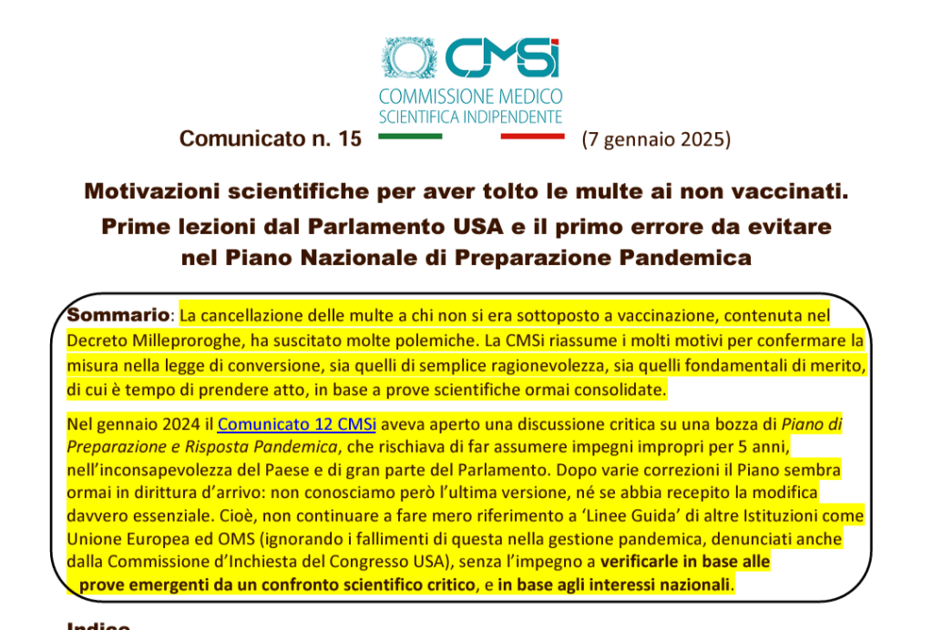 🔴Motivazioni scientifiche per aver tolto le multe ai non vaccinati. COMMISSIONE MEDICO SCIENTIFICA INDIPENDENTE Comunicato n. 15(7 gennaio&nbsp;2025)