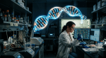 Scientist working with DNA sequencing data and lab equipment