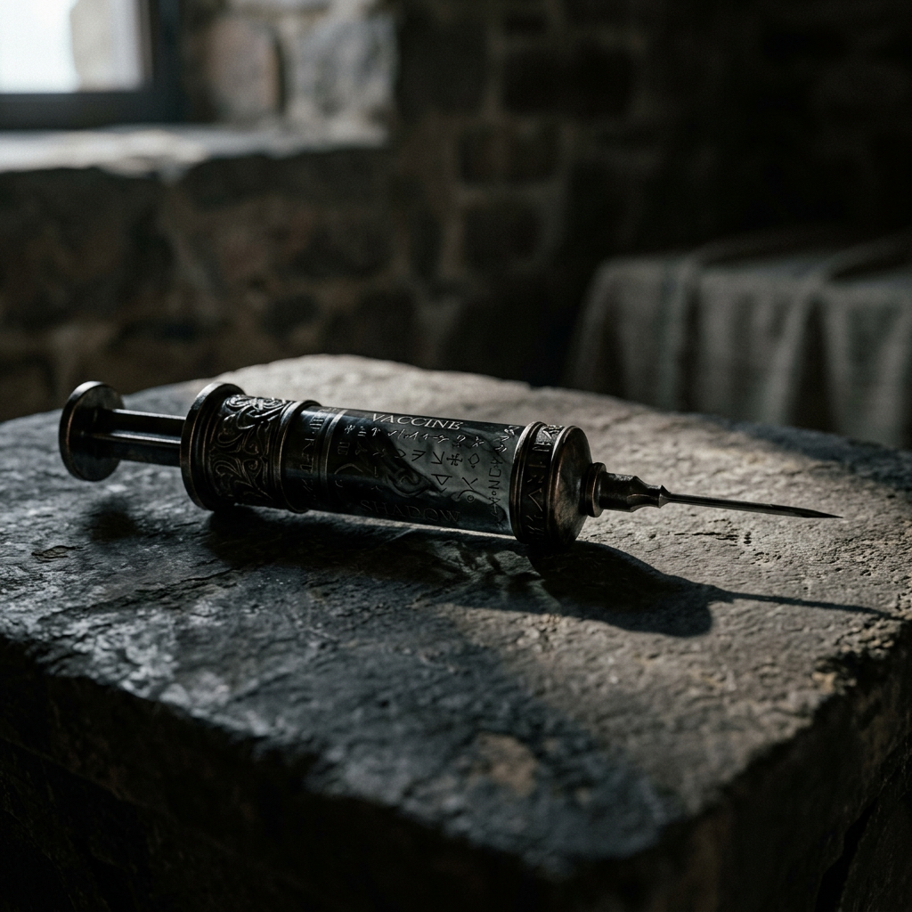 Intricately engraved antique syringe with symbols lying on stone