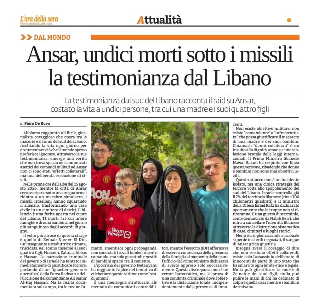 Ansar, undici morti sotto i missili: la testimonianza dal Libano